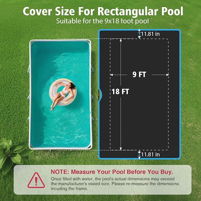 9x18 Ft Rectangle Pool Cover, Ultimate Windproof with Fast Tightening Ratchet & Sturdy Nylon Black Strap, 420D Oxford Fabric for All Season Use - Tear Resistant, UV & Dust Proof