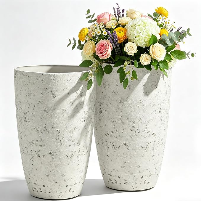 19.5"H Resin Tall Planters for Outdoor Indoor Use, 2-Pack Large Flower Pots, Weather-Resistant Plant Container for Garden Yard Porch or Home Décor, Handcrafted Birch Bark Texture, Country White