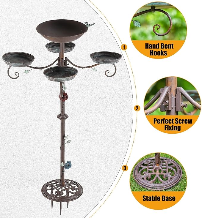 46”H Bird Bath and Feeder for Outdoors - Metal 5-in-1 Freestanding Bird Feeder for Outside, Cast Iron Pedestal 3 Prong Stake for Garden Patio Yard