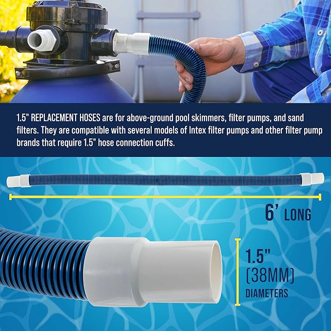 U.S. Pool Supply 1.5" Heavy-Duty Above Ground Pool Hose Replacement Kit - 2 Durable 6 Foot Hoses, 2 Connection Adapters, 4 Clamps - Compatible with Intex Pool Filter Pumps