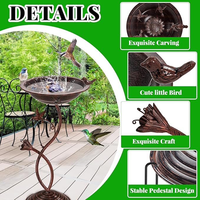 Bird Bath Garden for Outside, Vintage Metal Birdbaths Bowl with Roman Pedestal for Outdoors, Standing Bird Bath Bowl Birdfeeder for Yard Lawn Decor (Vintage Copper - Hummingbird)
