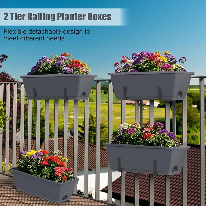 Deck Railing Planter Boxes 2 Tier Grey Window Boxes Planters Set of 2 with 4 Pack Rectangular Planter 16.9 Inch Outdoor Balcony Hanging Planters with Adjustable Brackets for Garden Porch Patio