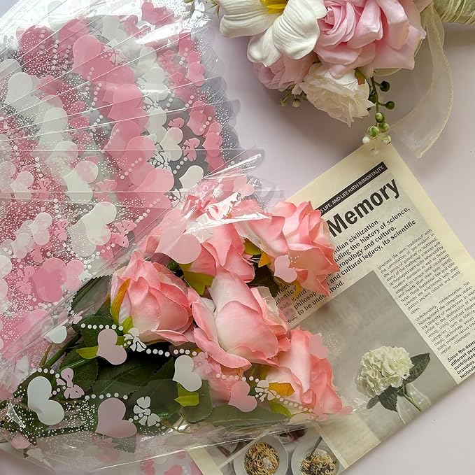 SELANTAG 100 Pack Pink Heart Clear Flower Bags for Bouquets,Valentine's Day Heart Flower Bouquet Bags, Floral Wrapping bag, Sleeves Perfect for Mother's Day, Wedding (10.6in x 17in x 3.9in)