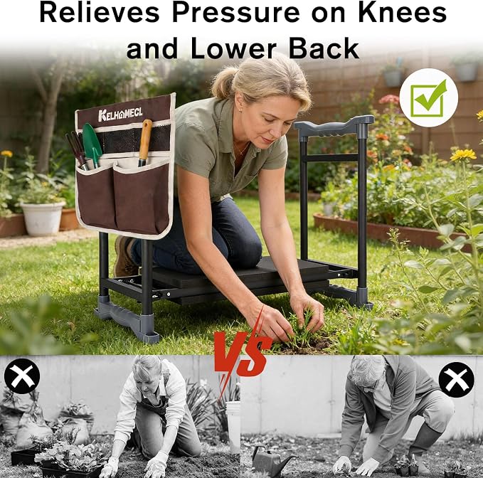 Garden Kneeler and Seat with Umbrella, 2-in-1 Foldable Gardening Stool with Adjustable Bracket, Detachable Tool Bags, Heavy Duty Kneeling Pad for Gardening (Brown)