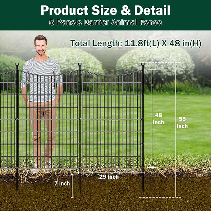 5 Panels No Dig Dog Fence Outdoor for Yard, 48 in(H) X 11.8 ft(L) Decorative Tall Garden Fence Animal Barrier, Rustproof Metal Wire Garden Edging and Borders, Temporary Fencing Stakes