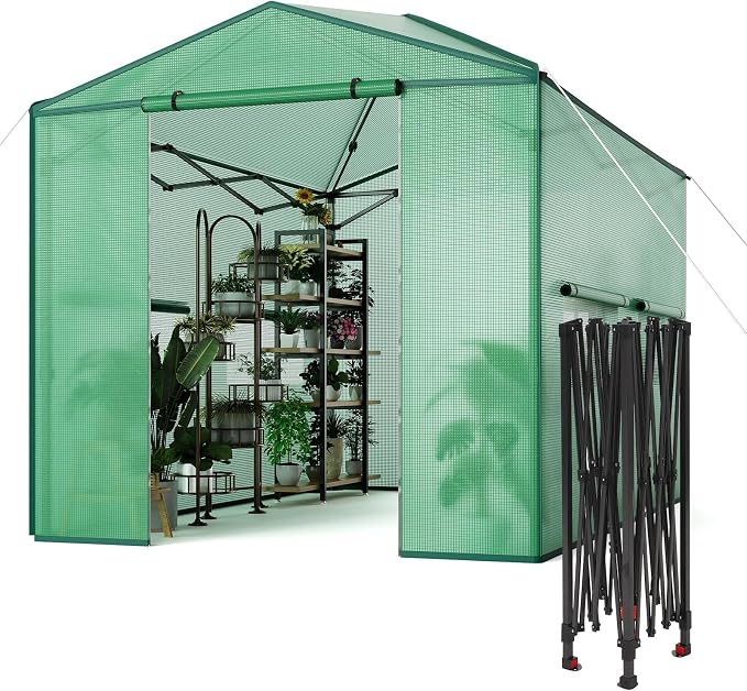 6x8 FT Pop-Up Greenhouse with Durable PE Cover, 96"x72" Large Grow Tent for All Seasons | Features Zippered Doors & Mesh Windows for Indoor/Outdoor Plants, Easy to Assemble (Green)