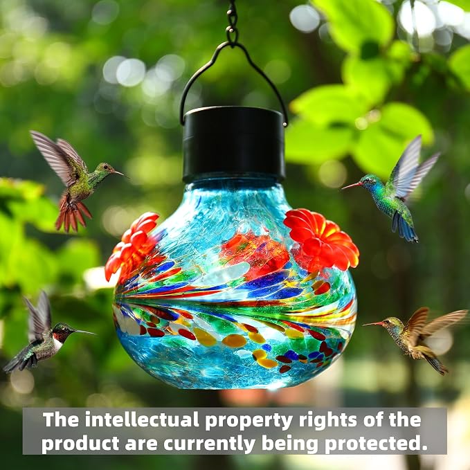 SAVENNA Hand Blown Glass Solar Hummingbird Feeder with Soft Night Light,17oz Leak-Proof Decorative Feeder for Outdoor Garden Patio Yard – Blue Phoenix Swirl