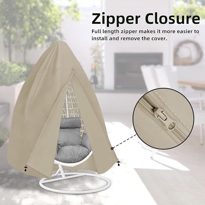 Easy-Going Patio Hanging Egg Chair Cover, UV Resistant Waterproof Outdoor Single Seat Swing Chair Cover with Zipper, Camel