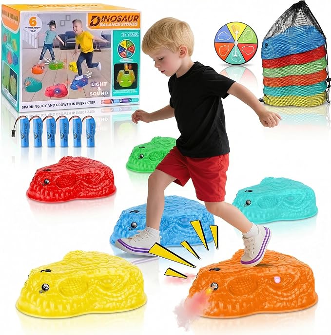 Dinosaur Stepping Stones for Kids 3-5, 6 Pcs Non-Slip Balance Sensory Toys with Mist Spray & Roaring Sound, Light Up Rechargeable Toddler Stepping Stones for Indoor & Outdoor Obstacle Course