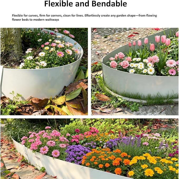 A ANLEOLIFE 20FT Galvanized Steel Landscape Edging, 6-Pack 40" L x 6" H Hammer-in Metal Garden Border with 10 Stakes for Lawn, Pathway, Flower Beds – White
