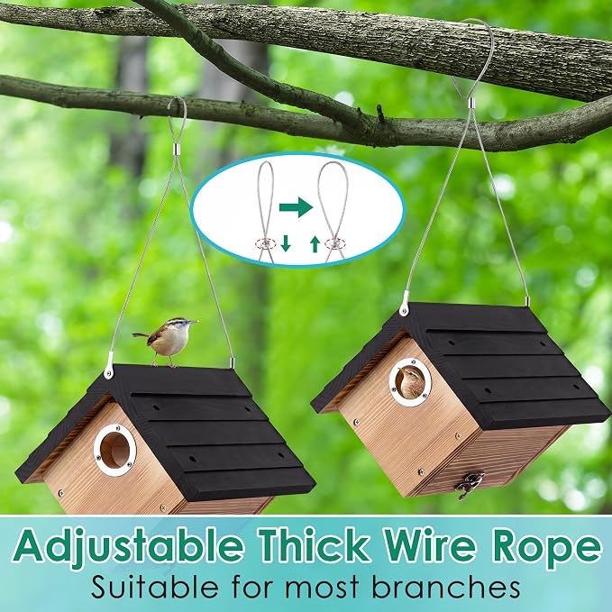 Dreyoo 2 Pack Wren House, 1-1/8'' Entrance Hole Hanging Wooden Wren Bird Houses for Outside with Metal Guard, Air Vents, Pine Wood for Chickadees (Black,Burnt Wood Color)