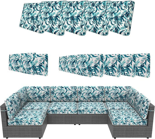 14 Piece Outdoor Furniture Replacement Cushions, Cover+Filling, 25.6" x 25.6" x 4" Foam Waterproof Outdoor Sofa Cushion Sets, Fit Wicker Rattan Sectional Conversation Set,Leaves