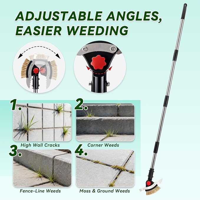 3-in-1 Heavy Duty Crack Weeder Tool, 59" Adjustable Long Handle, Stainless Steel Crevice Weed Puller and Moss Remover for Driveway, Patio, Sidewalk, Pavers and Deck Cracks