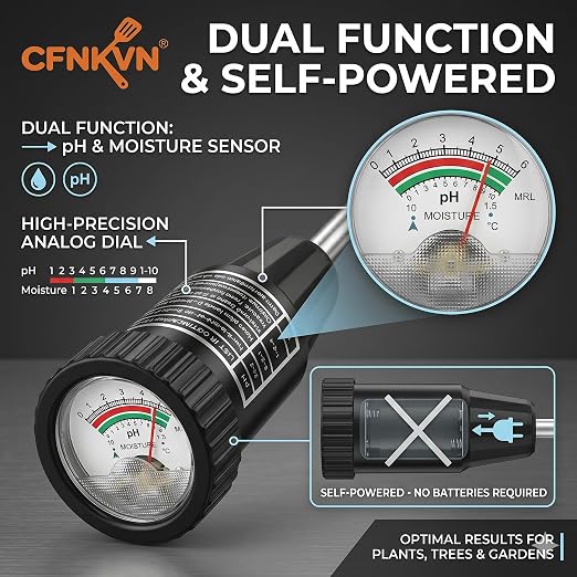 Soil PH Meter & Soil Moisture Meter - 295mm Long Metal Probe Soil Tester for Acidity and Moisture, Self-Powered Plant Water Sensor for Garden, Lawn, Farm, Indoor & Outdoor Use