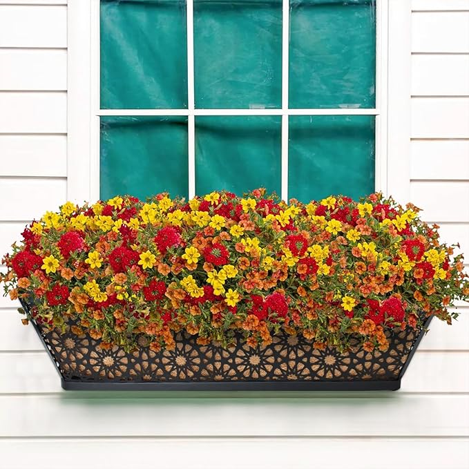 Halatool 24 Inch Window Boxes Planters, 2 Pack Sturdy Metal Deck Flower Railing Planter Box with Coco Liners for Indoor Outdoor Decor, Adjustable Rail Planter for Window Fence Porch Balcony Patio Lawn