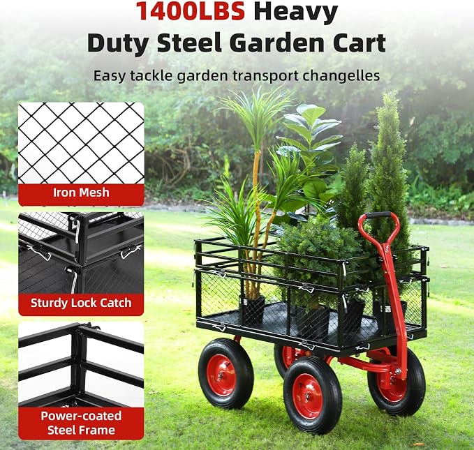 GarveeTech Heavy-Duty Metal Wagon Dump, 1440lbs Steel Garden Dump Cart, with Removable Mesh Sides, 2 in 1 Push and Pull 180° Rotating Handle & 16in All Terrain Wheel for Garden, Yard