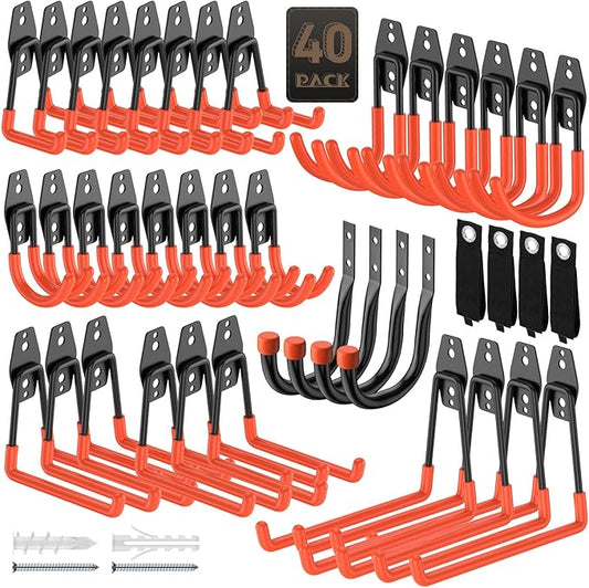 40 Pack Garage Hooks, Heavy Duty Steel Wall Mount Utility Hangers with Anti-Slip Coating for Hanging Bikes, Ladders, Power Tools, and Garden Equipment