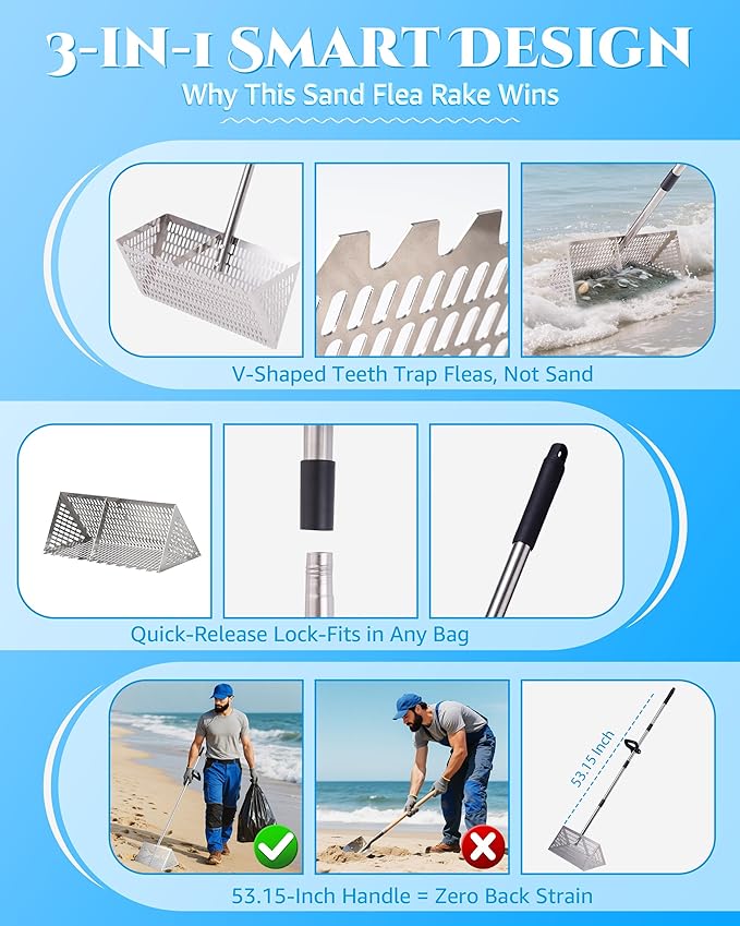 Sand Flea Rake 16" Wide - Detachable 54" Handle with Shark Tooth Screen - Stainless Steel Beach Rake for Fishing Bait, Shelling, Yard Cleaning - Saltwater Rust Proof & Portable