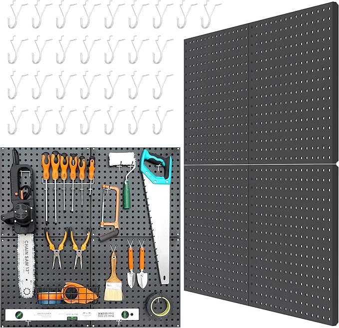 HUHOLE Peg Board Tool Utility Hooks 10 Pack + Metal Black Pegboard 4PC 32" X 32"