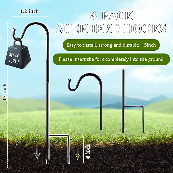 4 Pcs 15 Inch Shepherds Hook for Outdoor Adjustable Bird Feeder Pole Metal Steel Shepard Hooks for Hummingbird Stand Feeder Pole for Garden Plant, Lantern, Hanging Wedding Decor
