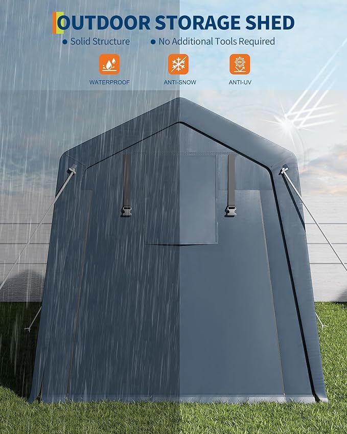 GarveeHome 6x6 FT Portable Outdoor Storage Shed with Roll-Up Zipper Door & Vent, 240G Heavy-Duty Shelter Waterproof PE Tarp, UV-Resistant Carport for Motorcycle, Firewood, Tools -Gray