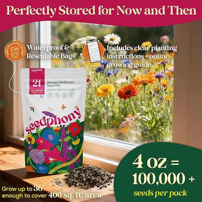 Seedphony 21 Annual Wildflower Mix 4 oz - 100,000 Non-GMO Heirloom Wildflower Seeds for Planting Garden, Wild Flowers in Waterproof Seed Packet, Wild Flowers to Attract Bees, Butterflies & Birds