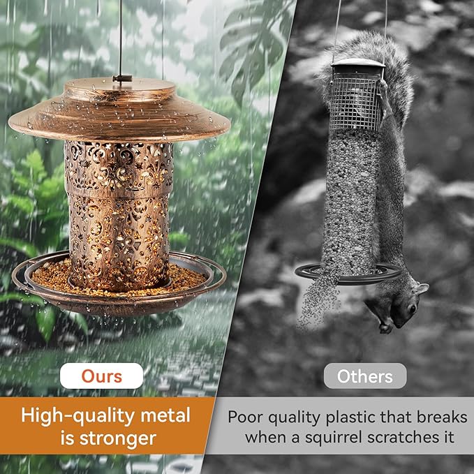 Metal Bird Feeders for Outdoors Hanging, Weather Resistant Wild Bird Feeder with 360 Degree Feeding Tray (Copper)