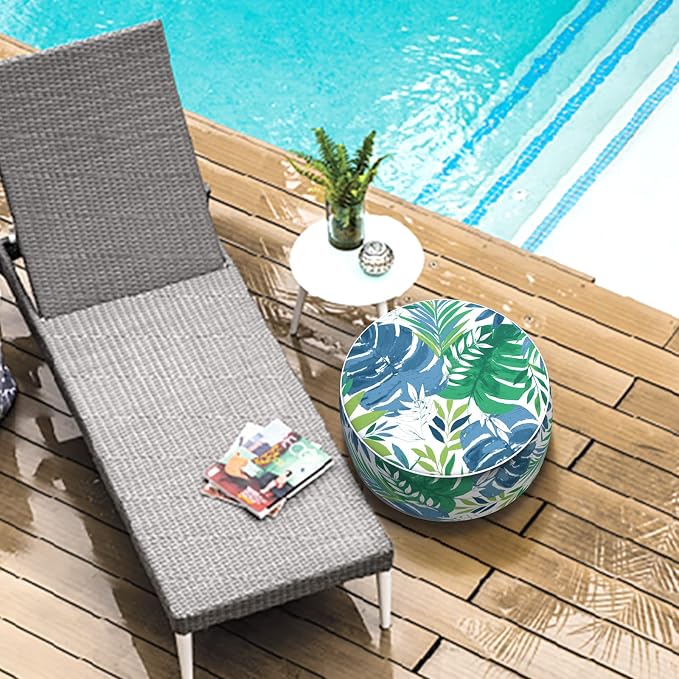 LVTXIII Outdoor/Indoor Round Inflatable Ottoman, All Weather Patio Footstool, Portable Footrest Seat for Patio Garden, Camping or Home, 21"x21"x9", Islamorada Blue Green