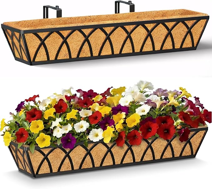 30 Inch 2 Pack Railing Planter with Adjustable Brackets, Window Box with Coco Liner, Hanging Metal Flower Box for Balcony Deck Fence Porch, Black