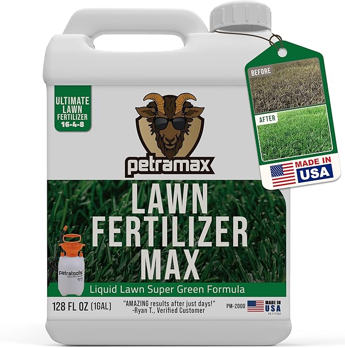 PetraMax Liquid Lawn Fertilizer for Lawns Concentrate - Liquid Fertilizer for Lawns, Food for Grass - 16-4-8 High Nitrogen Lush Green Grass, Phosphorus for Strong Roots - Apply Spring & Summer (1 G)