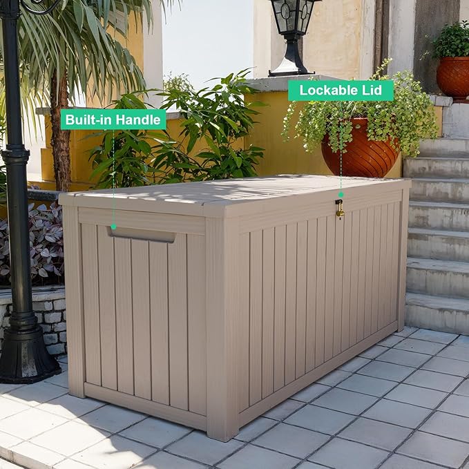 180 Gallon Outdoor Storage Box, Waterproof Resin Deck Box for Patio Cushions & Gardening Tools, Lockable & Durable Outdoor Storage Bin, Stylish Grey Design