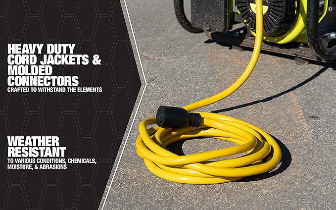 Southwire Generator Cord - 10-Gauge Heavy Duty Electrical Power Cable with L14-30 Locking Plug & Receptacle - Dual Voltage 125V/250V - Molded Connectors - Weather Resistant - Yellow & Black - 20 Feet
