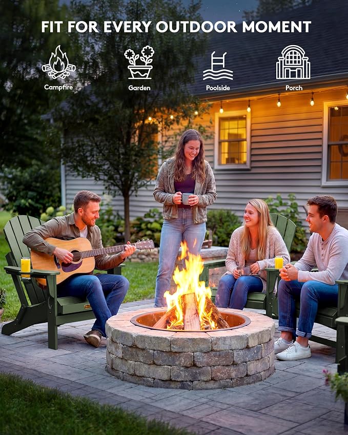 SERWALL Adirondack Chair Set of 6, Weather Resistant HIPS Lawn Chairs with Cup Holder for Patio Garden Outdoors Fire Pit- Army