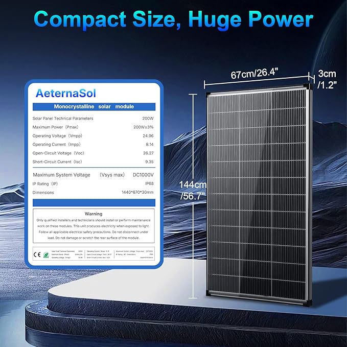Solar Panels, 200w bifacial n Type 18bb A+ Grade Solar Module IP68 Waterproof 25% high Efficiency Solar Cell 200 watt Solar Panel 12v for Off Grid RV Boat Rooftop Camper (200W Bifacial)