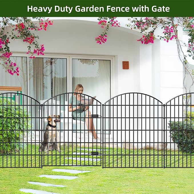 FOREHOGAR Heavy Duty Metal Garden Fences with Gate ECG1191, 1 Gate + 4 Fence Panels, 43.2in Tall and Total Length 14.75ft, Fencing for Dogs Animal Barrier Temporary Yard Border Outdoor, Black