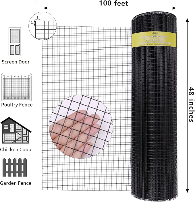 Chicken Wire Fencing 48in x 100ft Hardware Cloth 1 inch 16 Gauge Black PVC Vinyl Coated Welded Wire Fence Wire Mesh Roll Rabbit Wire Gopher Wire Cloth Garden Fence Poultry Netting Rodent Wire