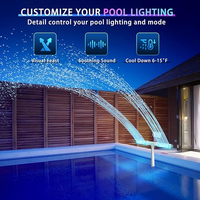 2026 Upgrade Pool Fountain for Inground/Above Ground Pools, 16-Colors 12 Modes LED Lights, Dual Spray 360° Adjustable Pool Sprinkler Waterfall Fountain, Tool-Free Installation Water Cooler