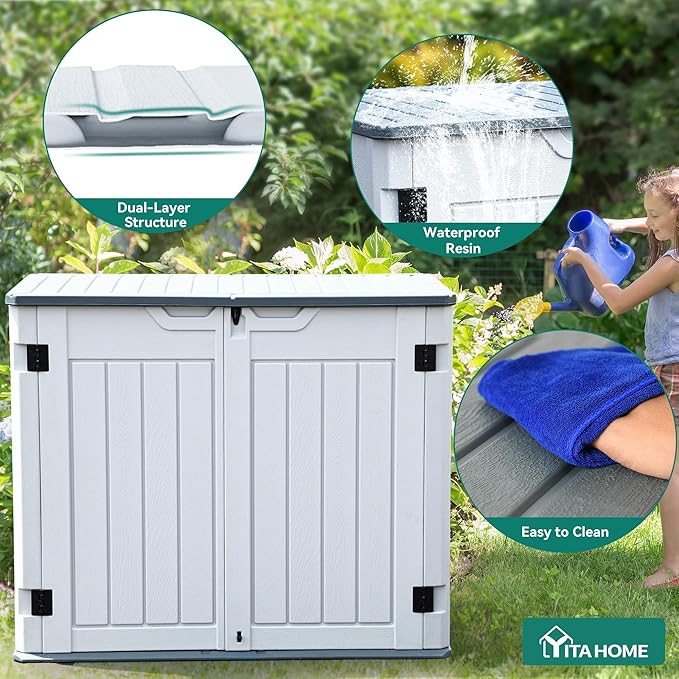 YITAHOME Outdoor Resin Storage Sheds, 39 in Height Lockable Waterproof Horizontal Shed w/o Shelf, Easy to Assemble Shed Storage for Garden Tools, Light Gray