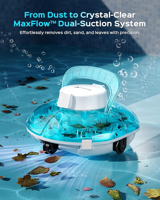 Cordless Robotic Pool Cleaner, Lasts 80 Min, Automatic Vacuum for Above-Ground Pools up to 650 Sq.ft,Portable, Self-Parking(Transparent Blue White)