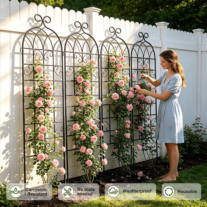 YOBAZAN 4 Pack 71x19.7in Rustic Iron Arch Decoration Garden Trellis with Black Metal Coating – Perfect for Supporting Climbing Plants Outdoor, Roses, Vines, Flowers, and Vegetables.