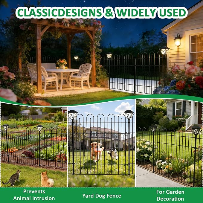 Garden Fence Animal Barrier with Solar Garden Lights, 32 in (H) x23.6ft (L) Decorative Garden Fence, 10 Panels No Dig, Rustproof Metal Temporary Fence, Dog Fence Outdoor for Yard, Patio