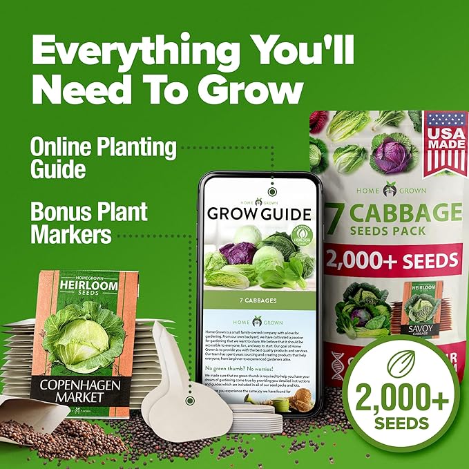 HOME GROWN Cabbage Seeds 7 Variety Mix 2000+ Heirloom Non-GMO, High Germination, Bok Choy, Red & Green Acre, Savoy, Napa Michihili, Copenhagen Market, Jersey Wakefield, Cold Hardy