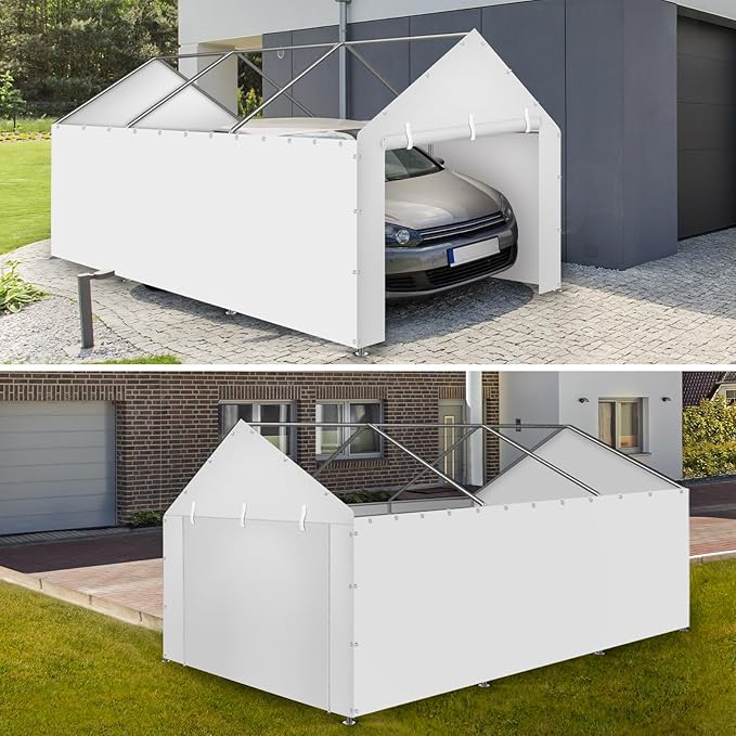Carport Replacement Canopy Cover Sidewalls for 10x20x9.35FT Frame, Heavy Duty Garage Car Tent Shelter Tarp with Ball Bungees, Waterproof & UV Protected (Frame is not Included) (White)