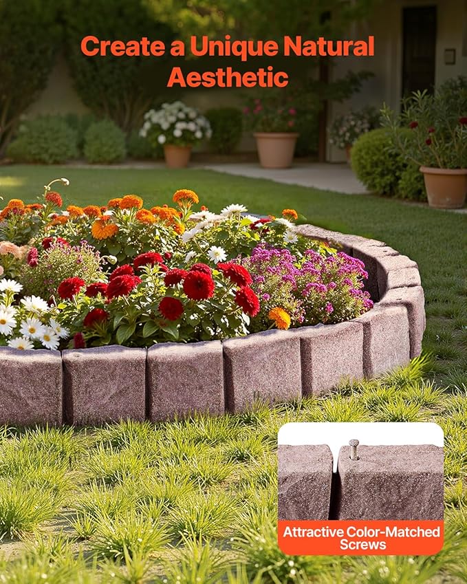 VEVOR Faux Stone Landscape Edging, 46.8" x 3.9" Realistic Lawn Edging with Anchoring Spikes, Flexible Brick-Sized Garden Border, Fade-Resistant Yard Garden Stone Border for Driveways Walkway, Brown