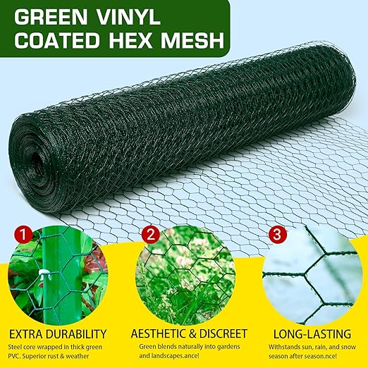 Chicken Wire 60inx150ft, Premium Chicken Wire Fencing, Chicken Wire Mesh, Green PVC Coated Metal Wire Fence, Galvanized Poultry Netting Barrier for Floral Arrangements/Craft Projects//Rabbit