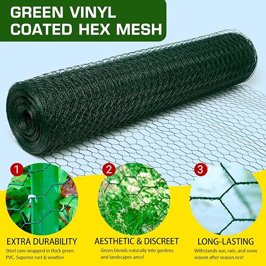 Chicken Wire 36inx150ft, Premium Chicken Wire Fencing, Chicken Wire Mesh, Green PVC Coated Metal Wire Fence, Galvanized Poultry Netting Barrier for Floral Arrangements/Craft Projects//Rabbit