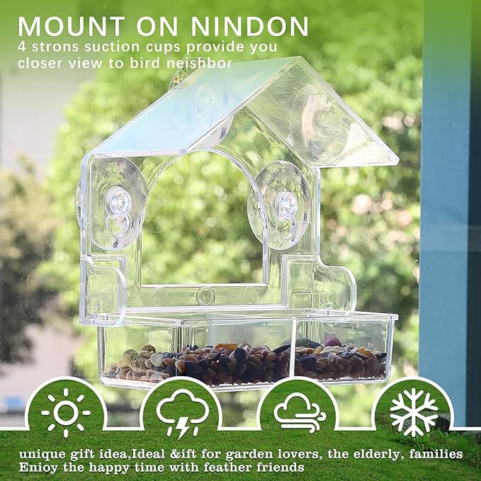 2PCS Window Bird Feeder with 4 Extra Strong Suction Cups, Clear Birdfeeders Bird House for Outdoors Window Viewing Outside, Removable Tray Birdhouse