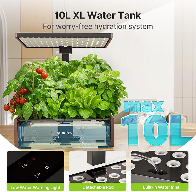 SUNCOZE Hydroponics Growing System Kit, 20 Pods Indoor Herb Garden with 10L Large Tank & Adjustable Height 25", 30W LED Grow Light, LCD Display with Pump & Low Water Reminder, Black&Brown