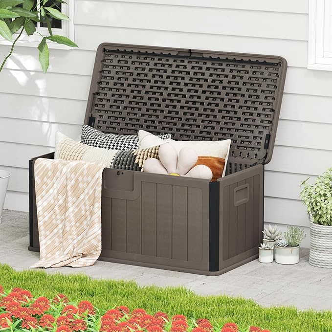 Giantex 100 Gallon Deck Box, Waterproof Resin Box with Lockable Lid, 440Lbs Outdoor HDPE Storage Container Bench for Patio Furniture Cushions, Pool Tools & Garden Accessories (Brown)