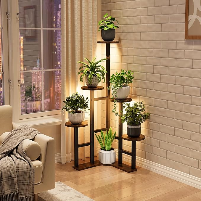 Yzosvki Corner Plant Stand Indoor with Grow Lights, 6 Tiered Corner Plant Shelf Flower Stand for Multiple Plants, Plant Shelves Organizer Rack for Living Room, Balcony, Patio, Round Rustic Brown